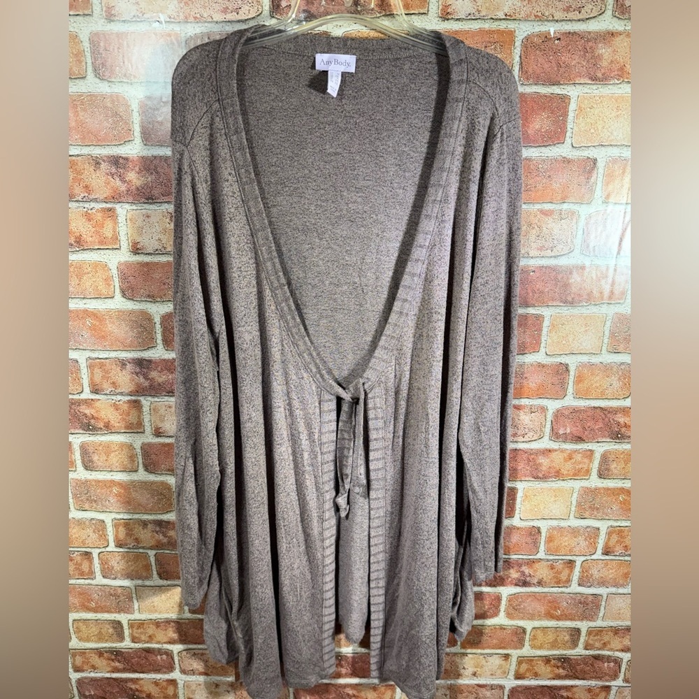 AnyBody Loungewear Hacci Tie Front Cardigan-Smokey Taupe-1X